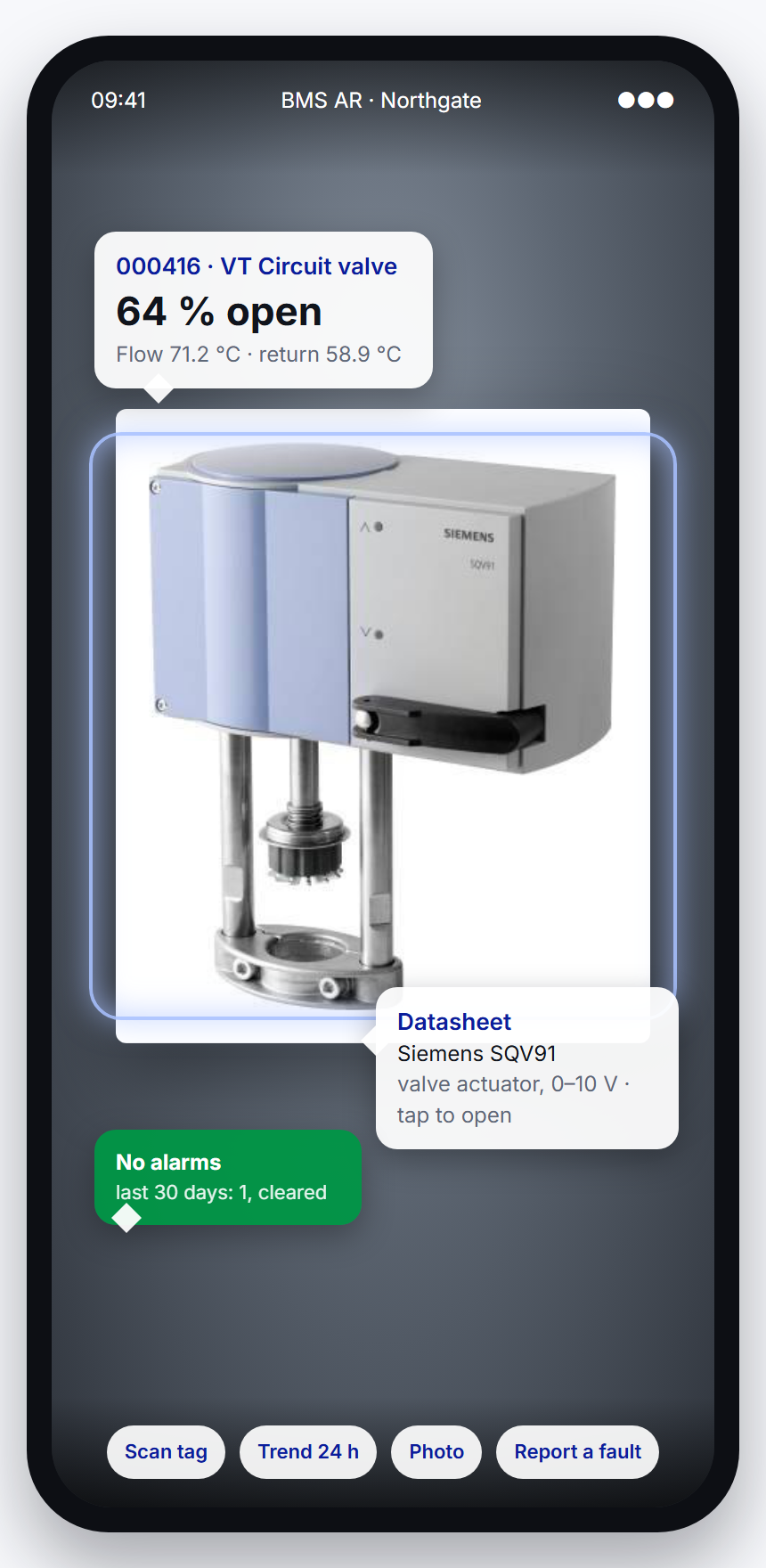 BMS AR phone app showing live valve position and temperatures over a valve actuator, with its datasheet and alarm status