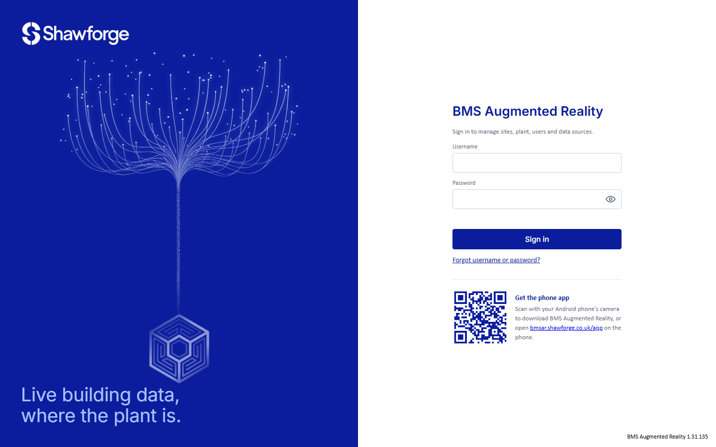 BMS Augmented Reality sign-in page with the glowing Shawforge data tree