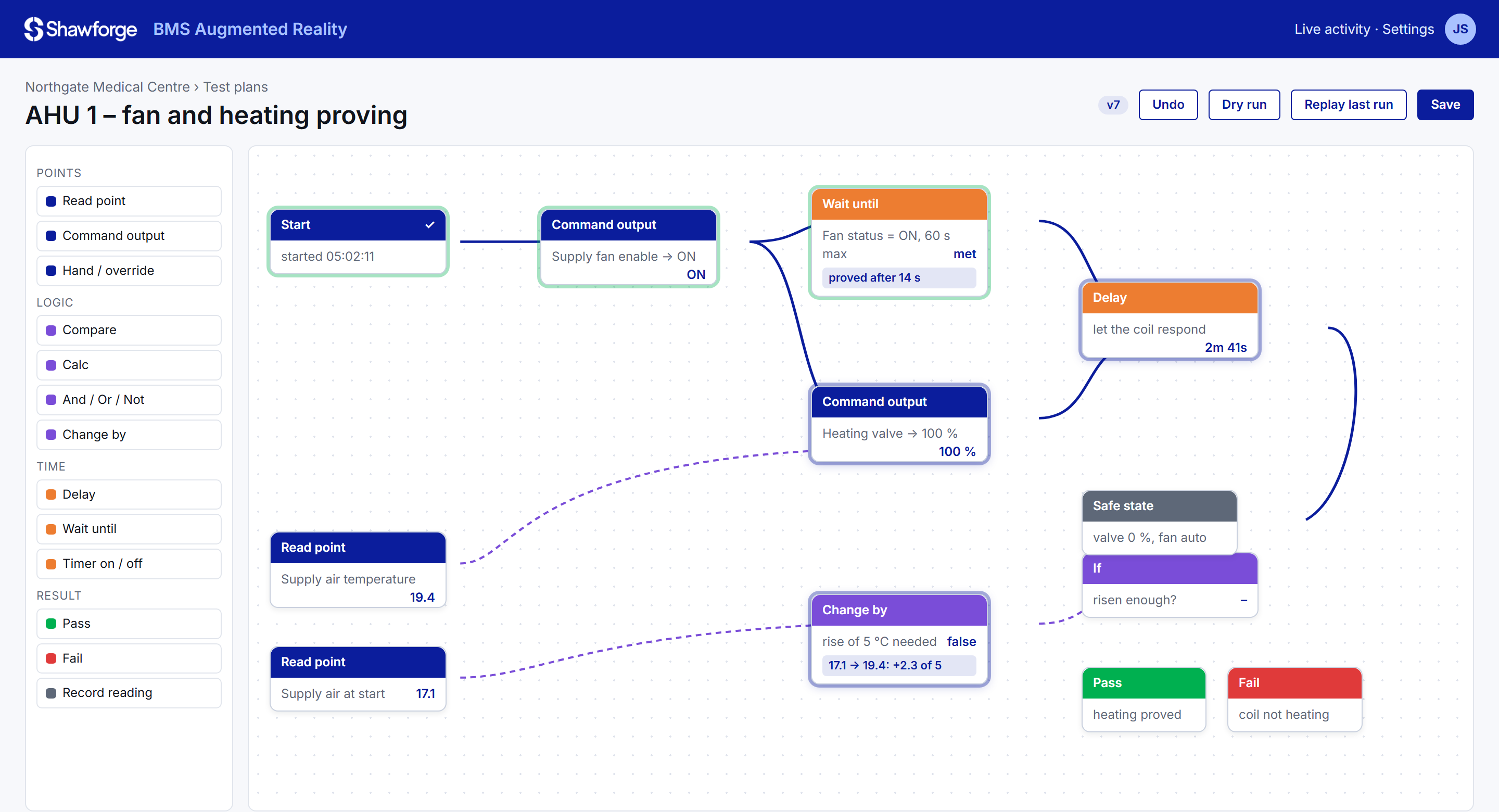 BMS AR Remote PPM test plan editor with blocks and wires, running live with countdowns and values